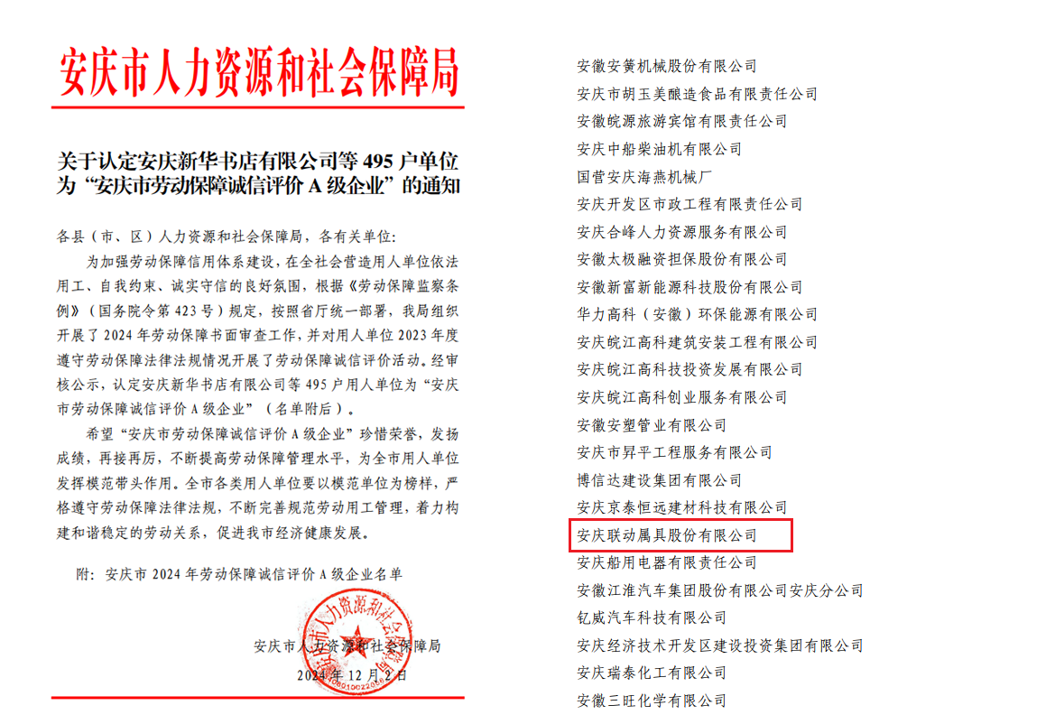 安慶市勞動保障誠信評價A級企業(yè).png